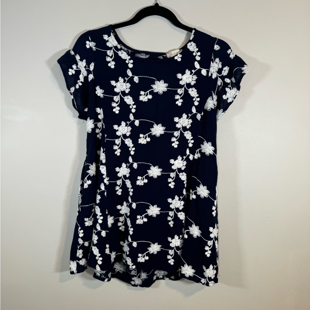 Altar’d State Navy Short Sleeve Dress With Floral Embroidery Sz S Romantic